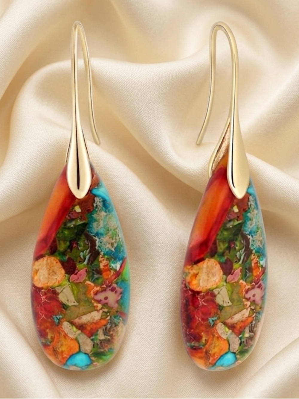 New! Gold Teardrop Earrings with Multicolor Natural Healing Stone